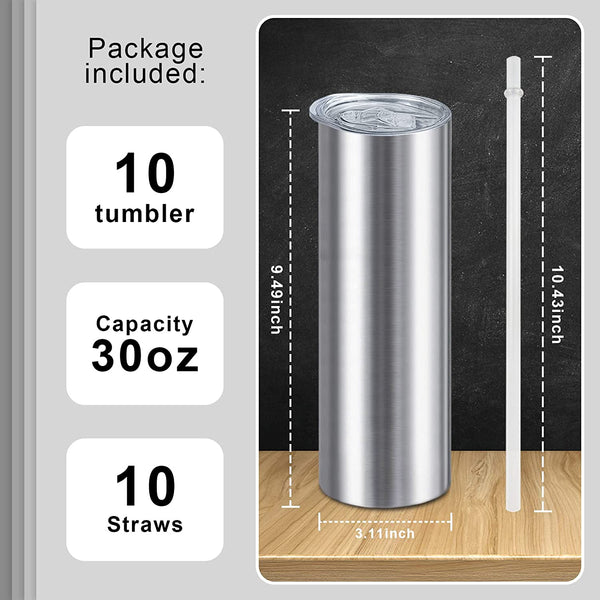 20oz (30unit) Skinny Silver Sublimation Tumblers Blanks Tumbler Cups With Lid And Plastic Straw