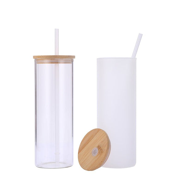 25oz CASE (25 UNITS) Sublimation Glass Tumbler Cups Beer Can  W/Bamboo Lids transparent/frosted