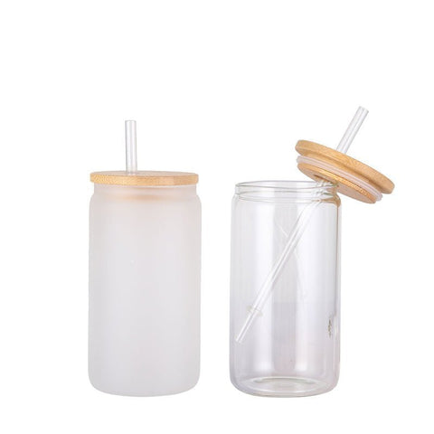Glass Cups with Bamboo Lids and Straws - 4 PC 16oz Can Shaped Glass Bottle with Silicone Sleeve - Cute Reusable Drinking Tumbler Set for Iced Coffee