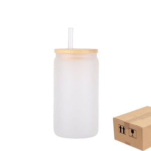 Drinking Glasses With Bamboo Lid Glass Straw 16oz Can Shaped Glass